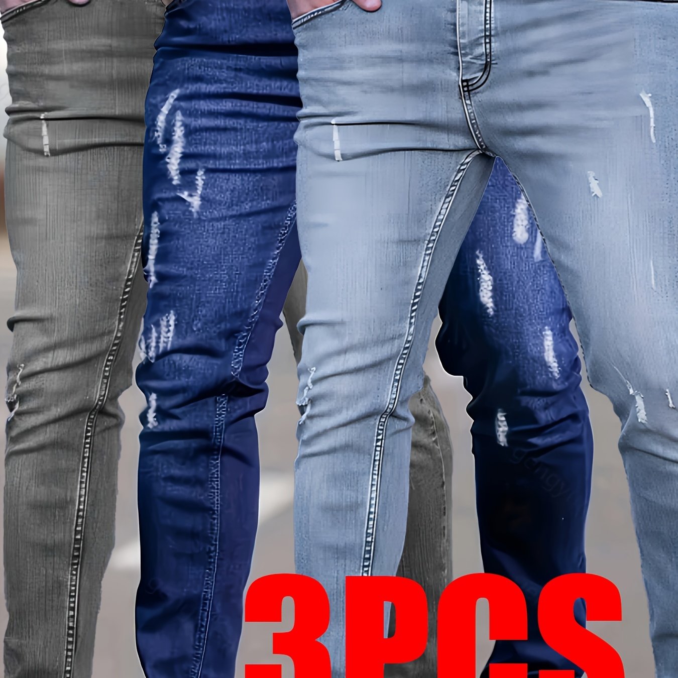 Men's 3pcs Stretch Distressed Jeans. Skinny Ankle Fit. Style. Suitable For Daily Casual, Dates, And
