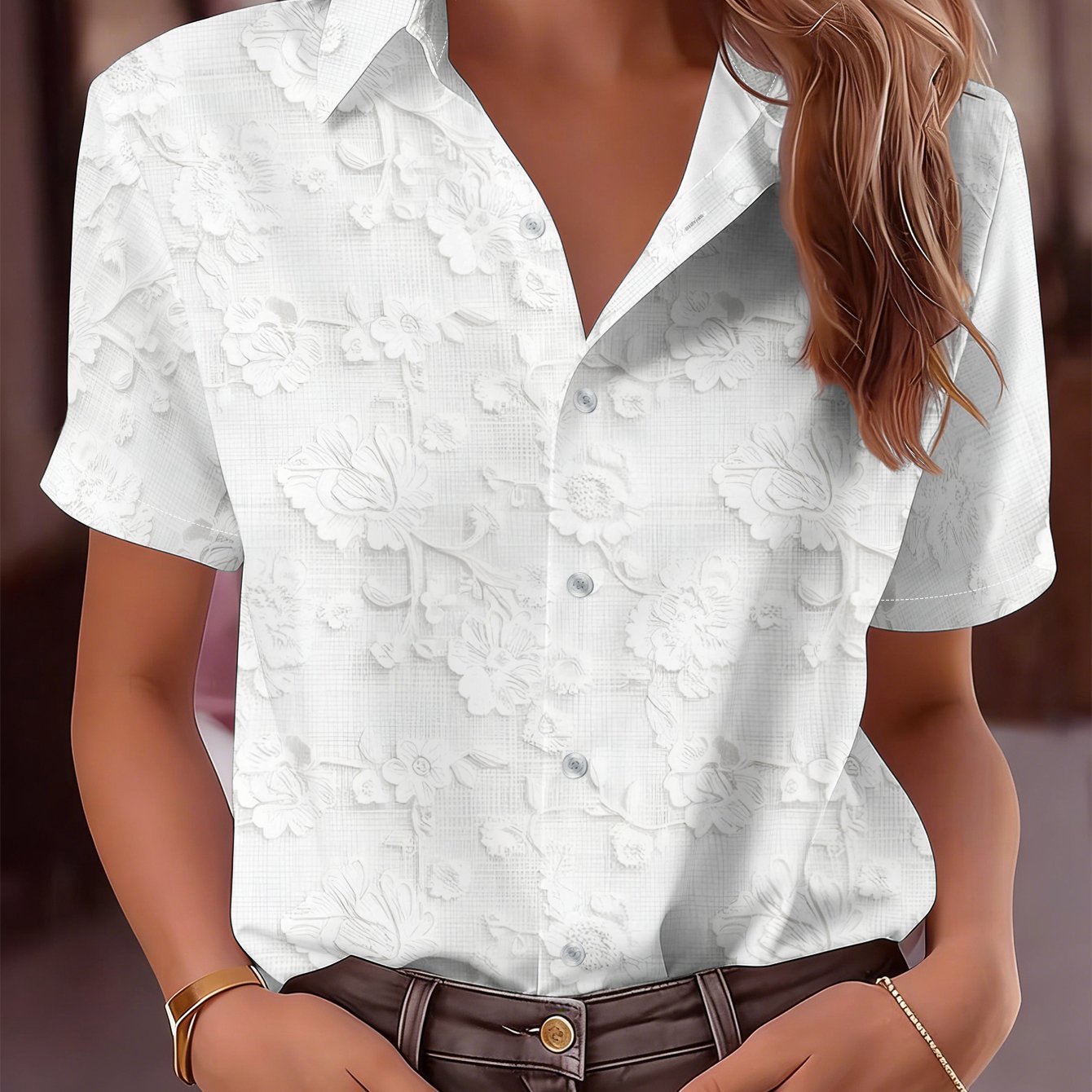 TEMU Women's Short-sleeve Shirt, Polyester Fabric, Embossed Floral Print, Elegant And Versatile Top, Comfortable, Breathable, Slim-fitting And