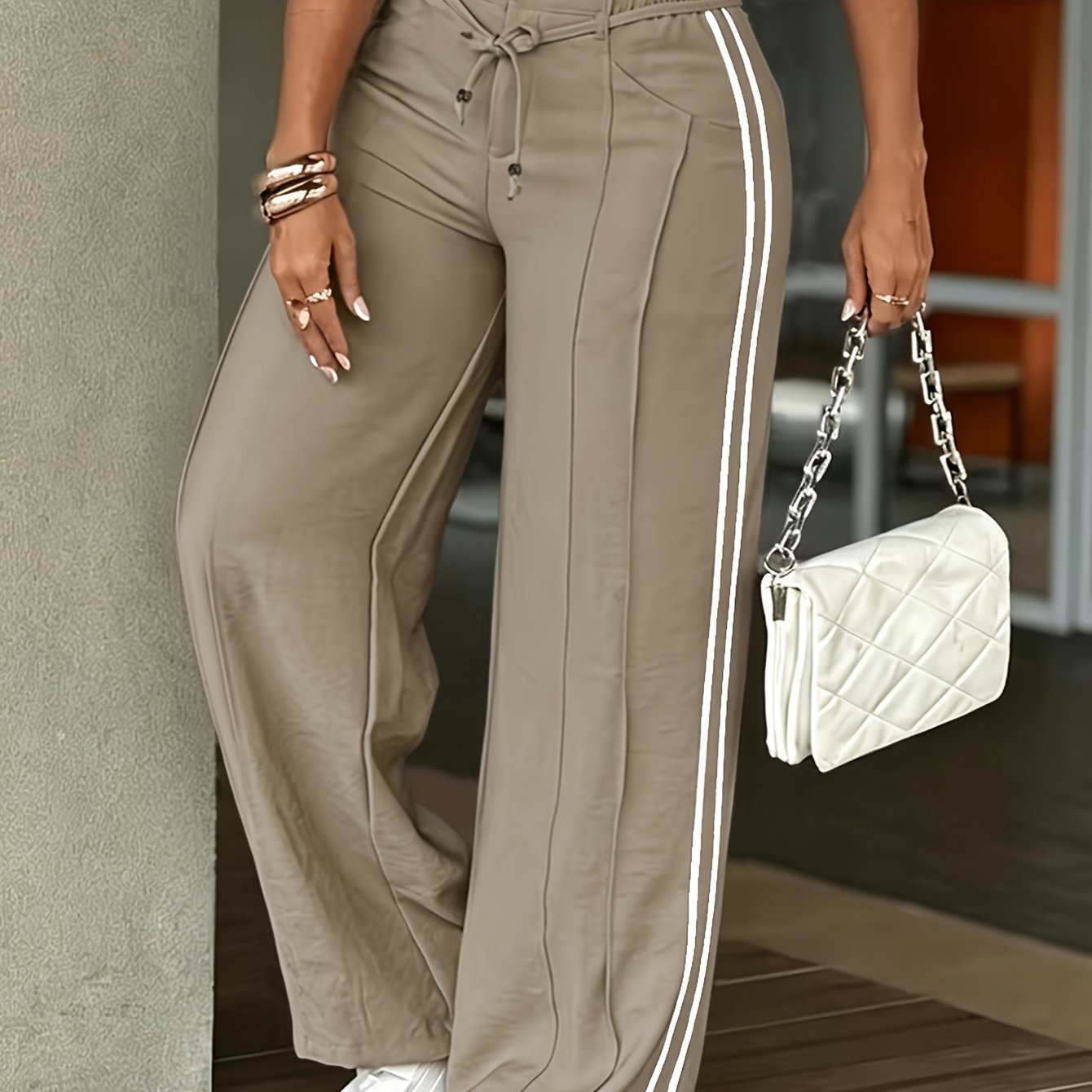 TEMU Nouveau Pantalon Printemps/Été/Automne à Taille Haute avec Cordon de Serrage et Jambes Larges, Pantalon Droit Longueur au Sol, Détail à Rayures