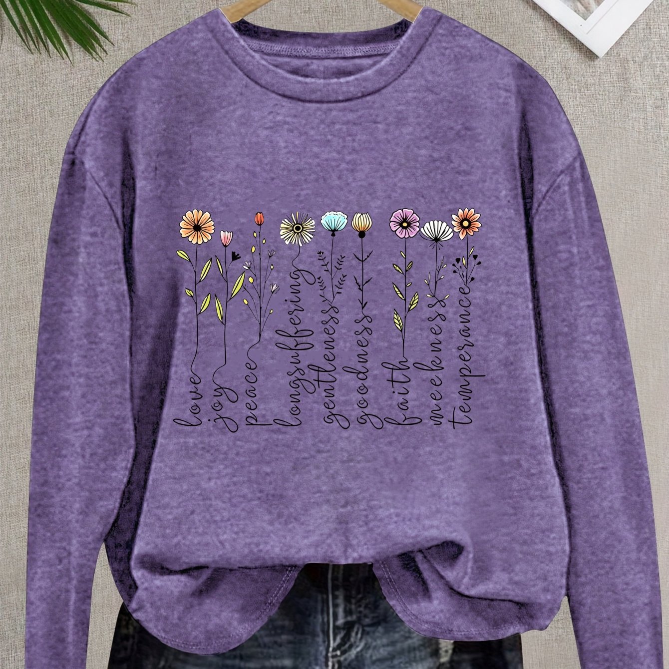 TEMU Plus Size - Women's Fashion Spring Autumn New Arrival, Floral And Inspirational Word Print, Casual Comfortable Breathable Long Sleeve Top, Daily