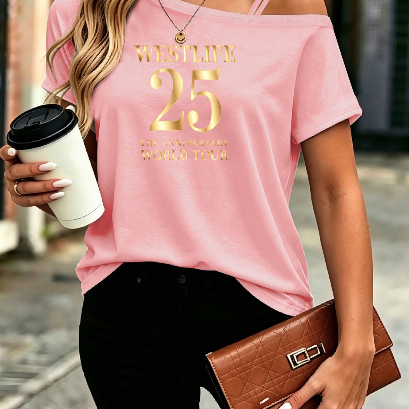 TEMU 2026 Western Cowboy Style Summer Retro Fashion Off-shoulder T-shirt 25th Tour Concert Print Summer