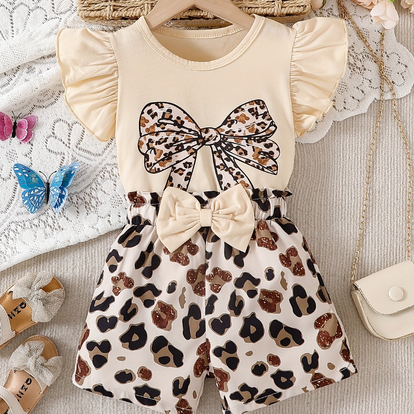 Girls' Clothing Leopard Print Bow Pattern Ruffle Sleeve Top With Leopard Print And Three-dimensional Bow Shorts Set, Perfect For Outdoor