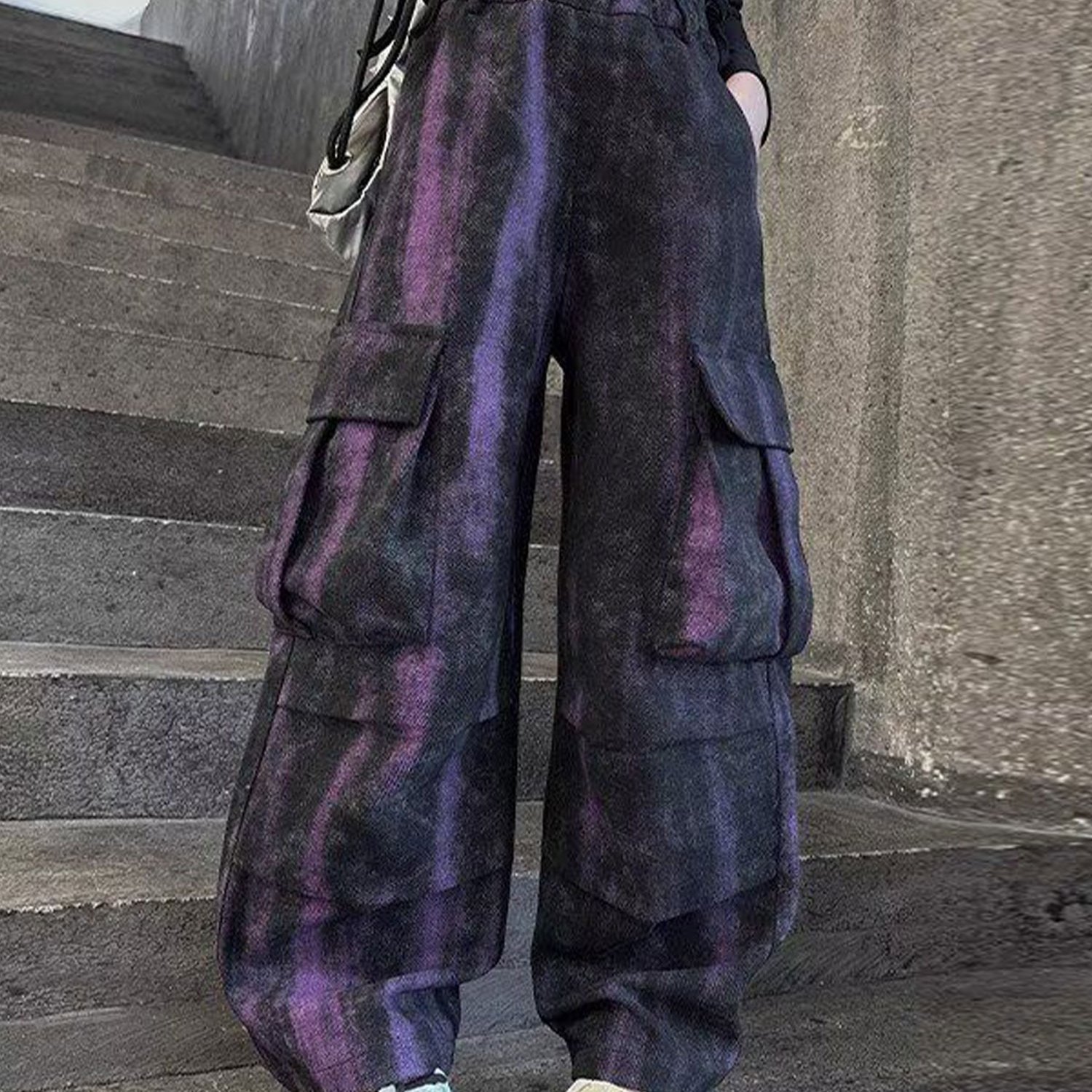 Girls' Clothes : Girls' 2025 -autumn Cargo Jeans, Tie-dye Feature Pattern, 2 Colors (black And Purple)