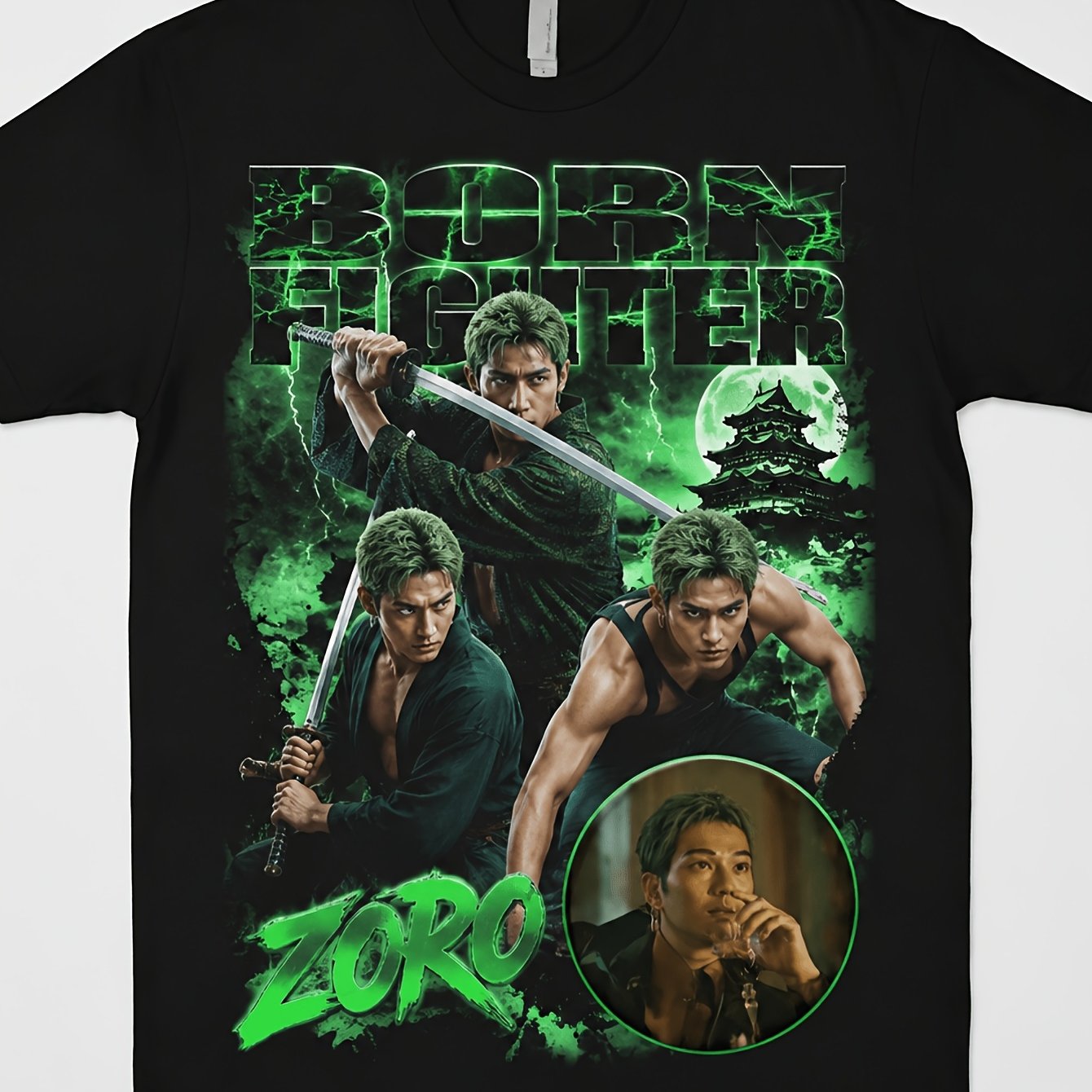 Men's Graphic T-shirt With Born Fighter Lettering, Green-haired Warrior Figures And Pagoda Graphic, Retro Streetwear Style, Perfect For Casual Daily Wear