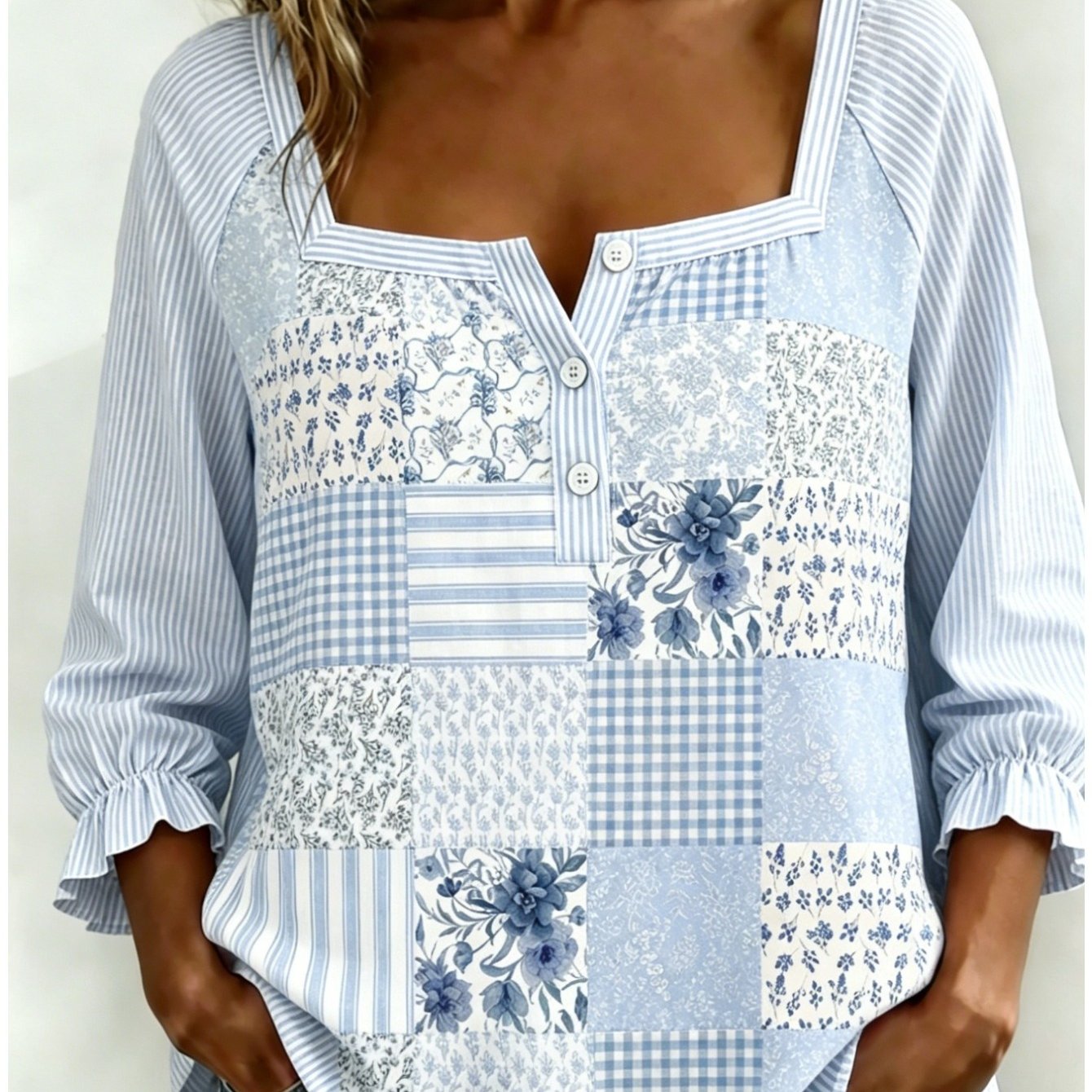 TEMU Elegant Square Neckline V-neck Button- Blouse - Floral Print Vintage Top, 3/4 Sleeve Elastic Puff Sleeves, Mother's Day Gift For Mom,