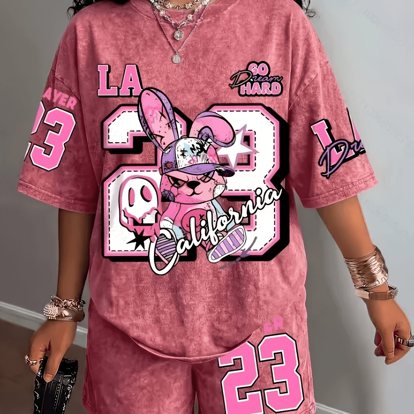 TEMU Plus Size - Cartoon Trendy And Number 23 Print And Summer Casual Jersey, Street Style Round Neck Short Sleeve T-shirt And Shorts Two-piece Set,