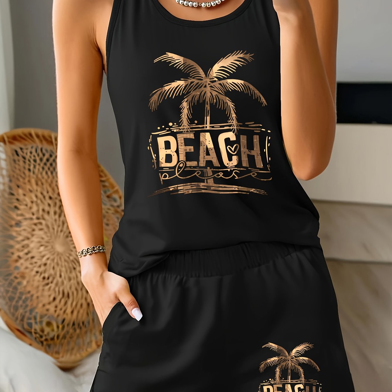 TEMU 2pcs Tree Beach New Y2k Ladies' Sportswear Summer Fashion Vest   Shorts Casual Daily Commuting Fitness Versatile Two-piece Set