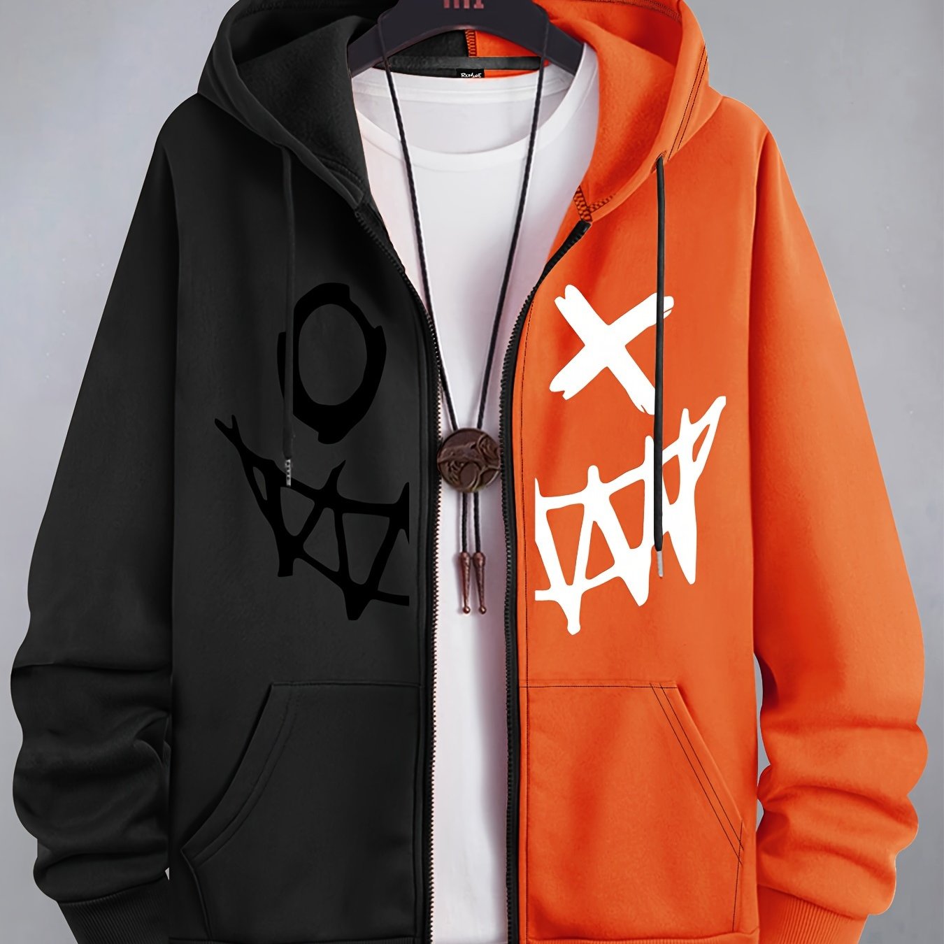 Velvet Hooded Sweatshirt For Men, Casual Sports Hooded Black And Orange 2 Color Stitching Sweatshirt