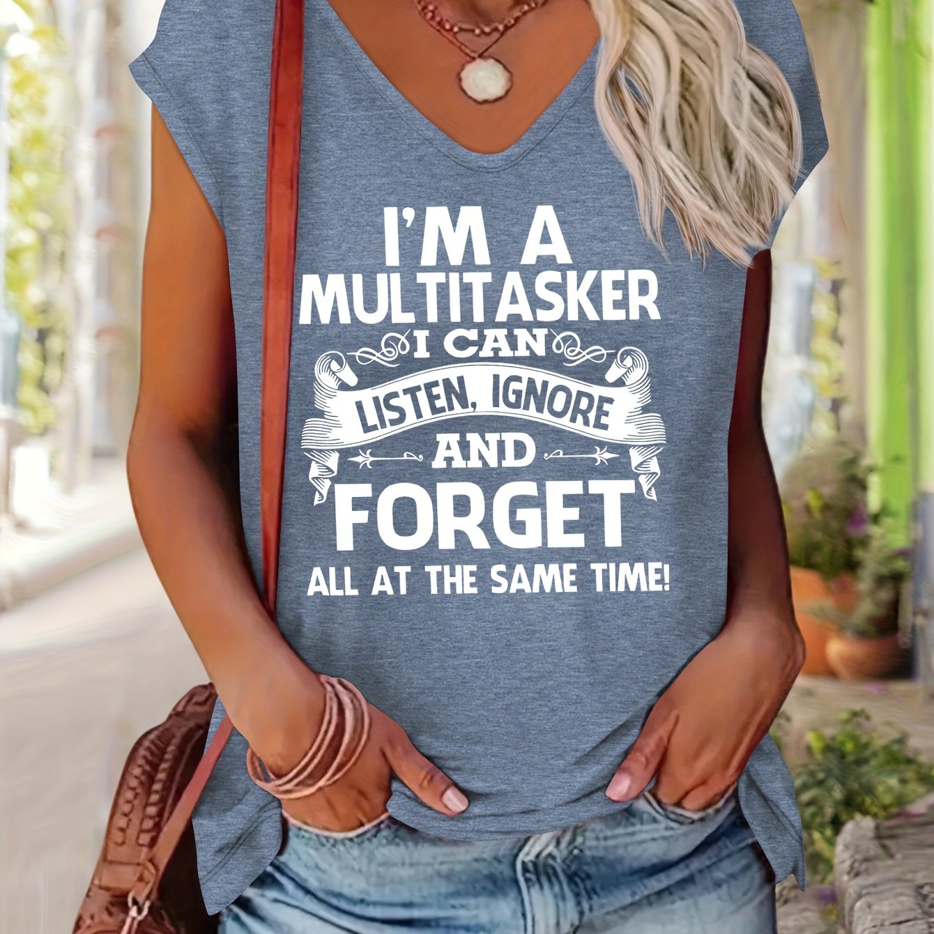 TEMU Women's Casual V-neck Short Sleeve T-shirt - Soft Rayon Blouse With A-z Letter Print (no Bulk), Relaxed Fit Spring Summer Everyday Top, Machine
