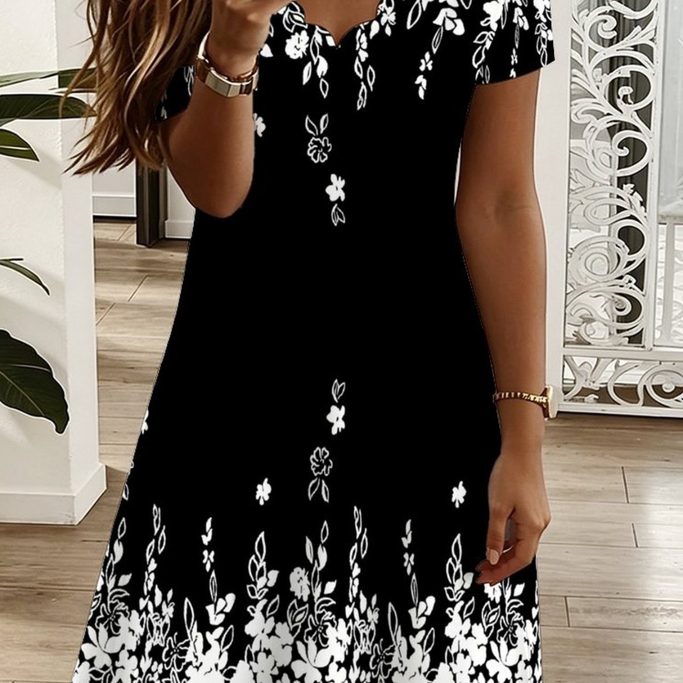 Plus Size - Summer -neck Short Sleeve Dress, All Over Geometric , Elegant Women Dress For Vacation Casual Party