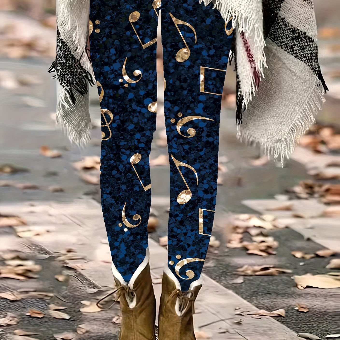 TEMU Women's Plus Size Floral & Music Note Print Stretchy Leggings - Elegant, Fit For Casual Attire