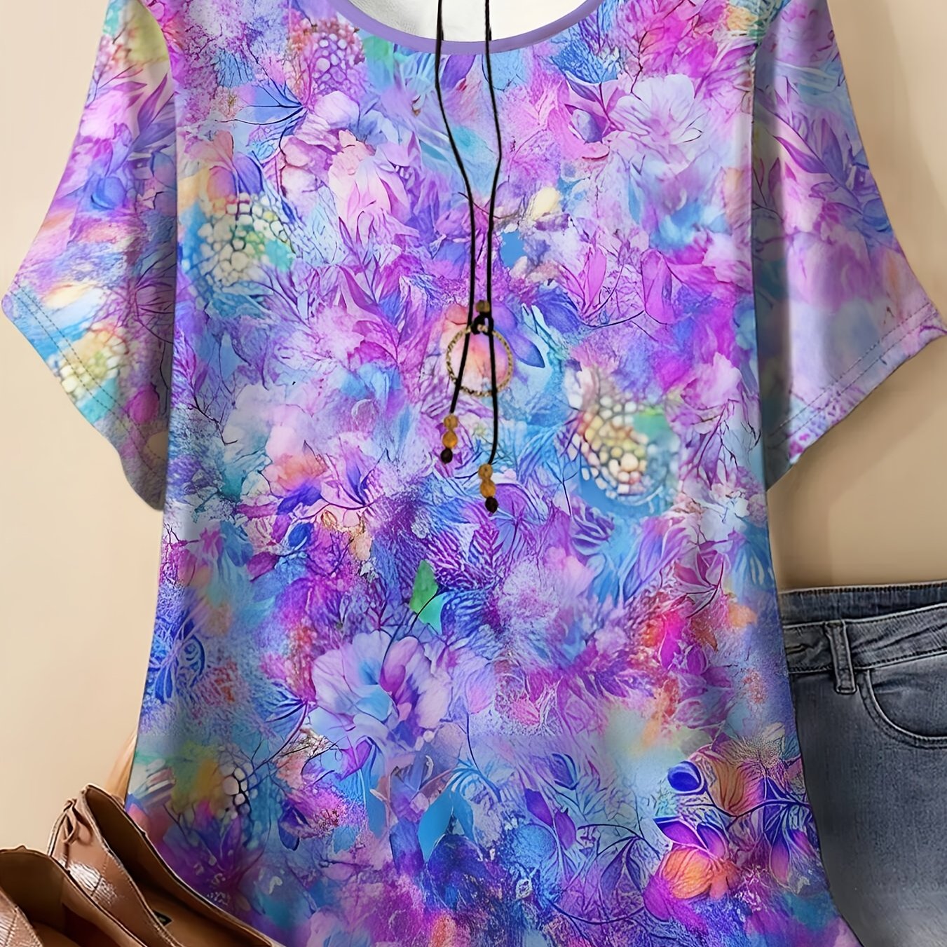 TEMU Women's Plus-size Oversized Round Neck T-shirt With Full-body Watercolor Print & Purple Collar Trim - Loose Fit Short Sleeve -compatible For