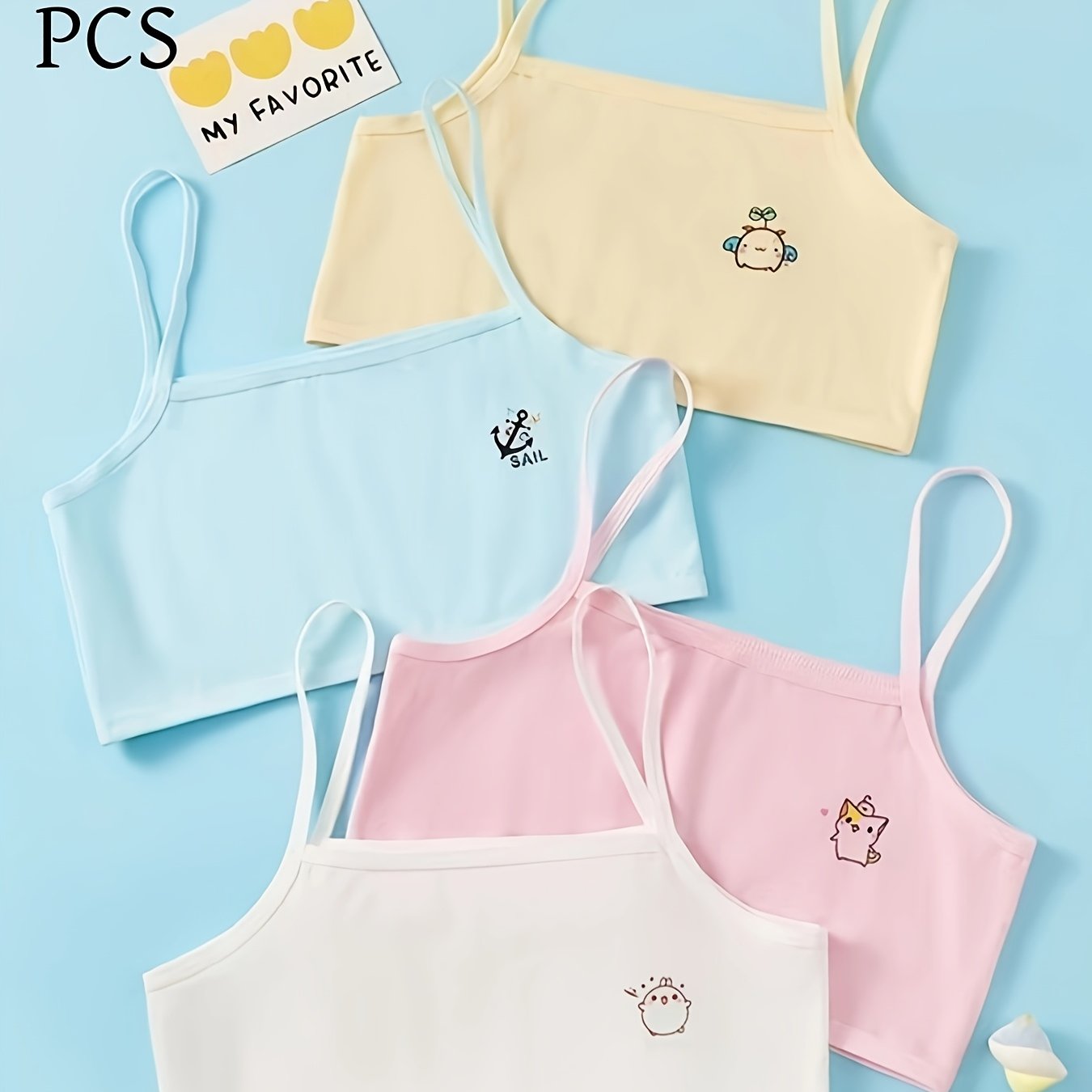 Image of 4pcs Cute Cartoon Print Girls' Tank Tops, Suitable For Early Development Of Young Girls Aged 7-12, In Colors, Suitable For All