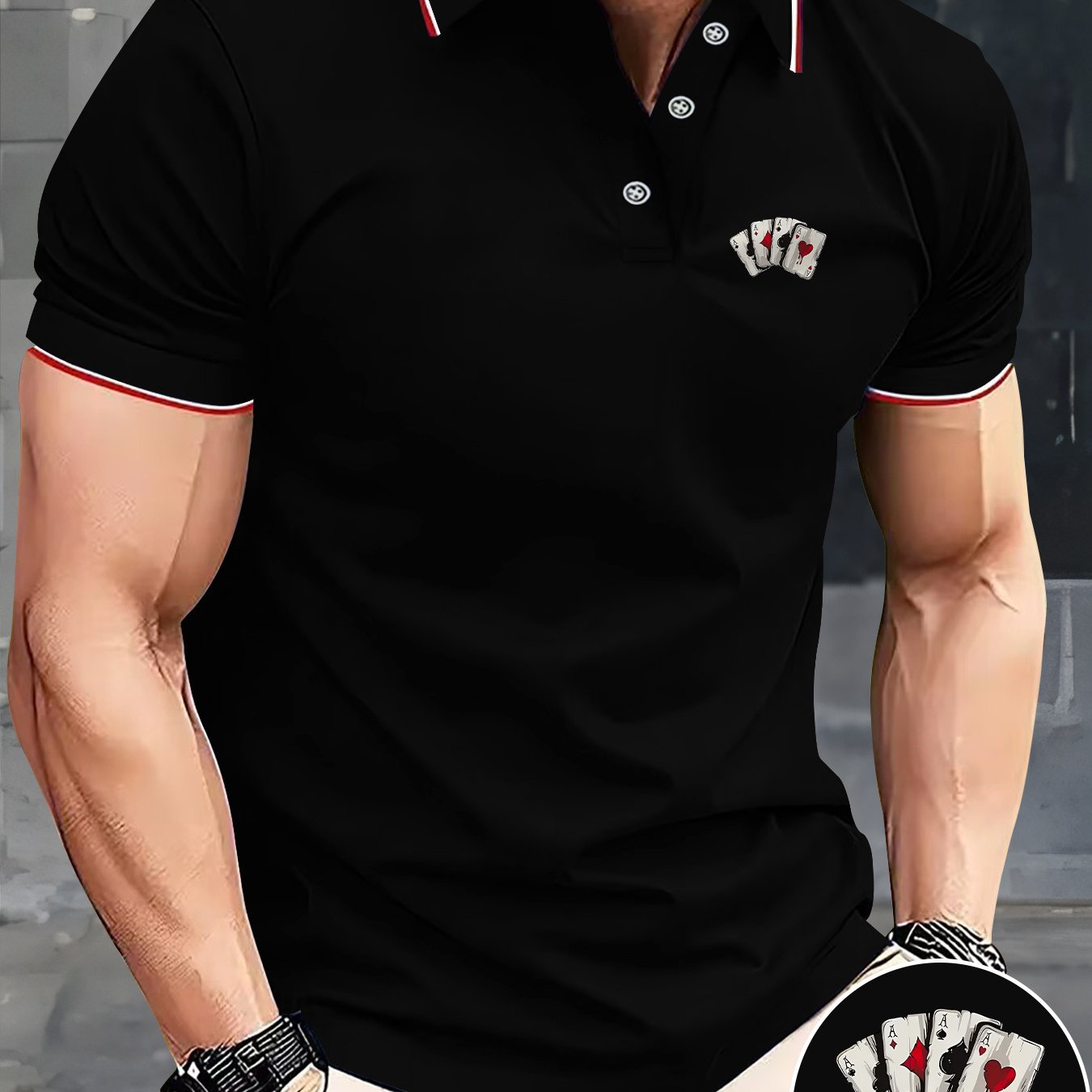 TEMU Men's Summer Lapel Short-sleeve Button- Casual Shirt, Playing Card Pattern Fashionable, Comfortable, And Versatile Shirt