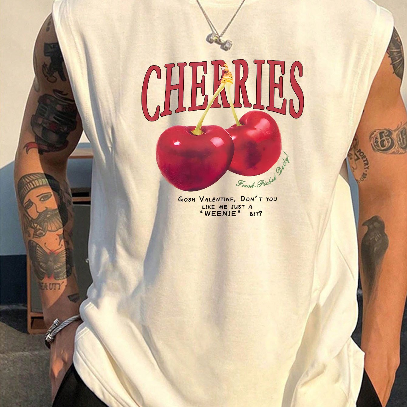 TEMU Men's "cherries" Graphic Tank Top - Loose Fit, Casual, , Sleeveless White Tee With Red Cherries Design, Fitness & Relaxation, Relaxed Fit Tee |