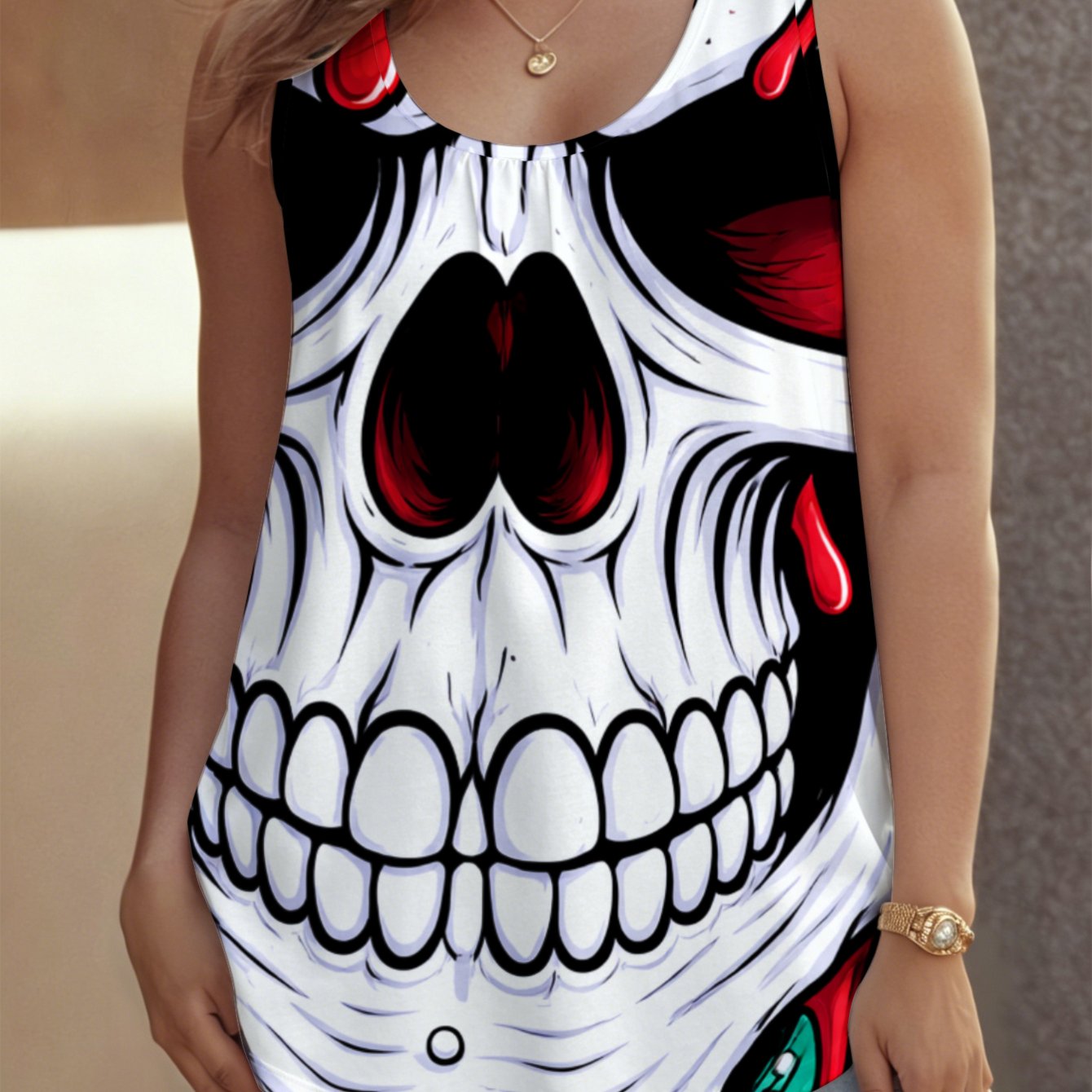 Image of Plus Size, Women's Plus Size Sleeveless Crew Neck Tank Top With Skull & Red Eyes Applique - Plus Size 0xl-9xl, Non- Suitable For Home, Beachwear, Travel, Casual Outfits, Machine Washable Sexy Top