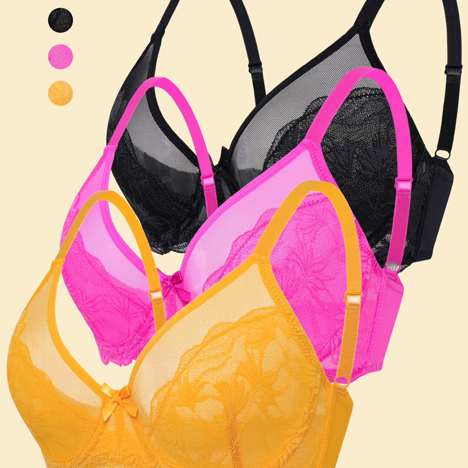 TEMU 3pcs Lace Unlined Bras For Women, Unpadded Semi-sheer Bras For Women, Floral Full Coverage Bras For Women, Underwire Lace Bralettes For Women,