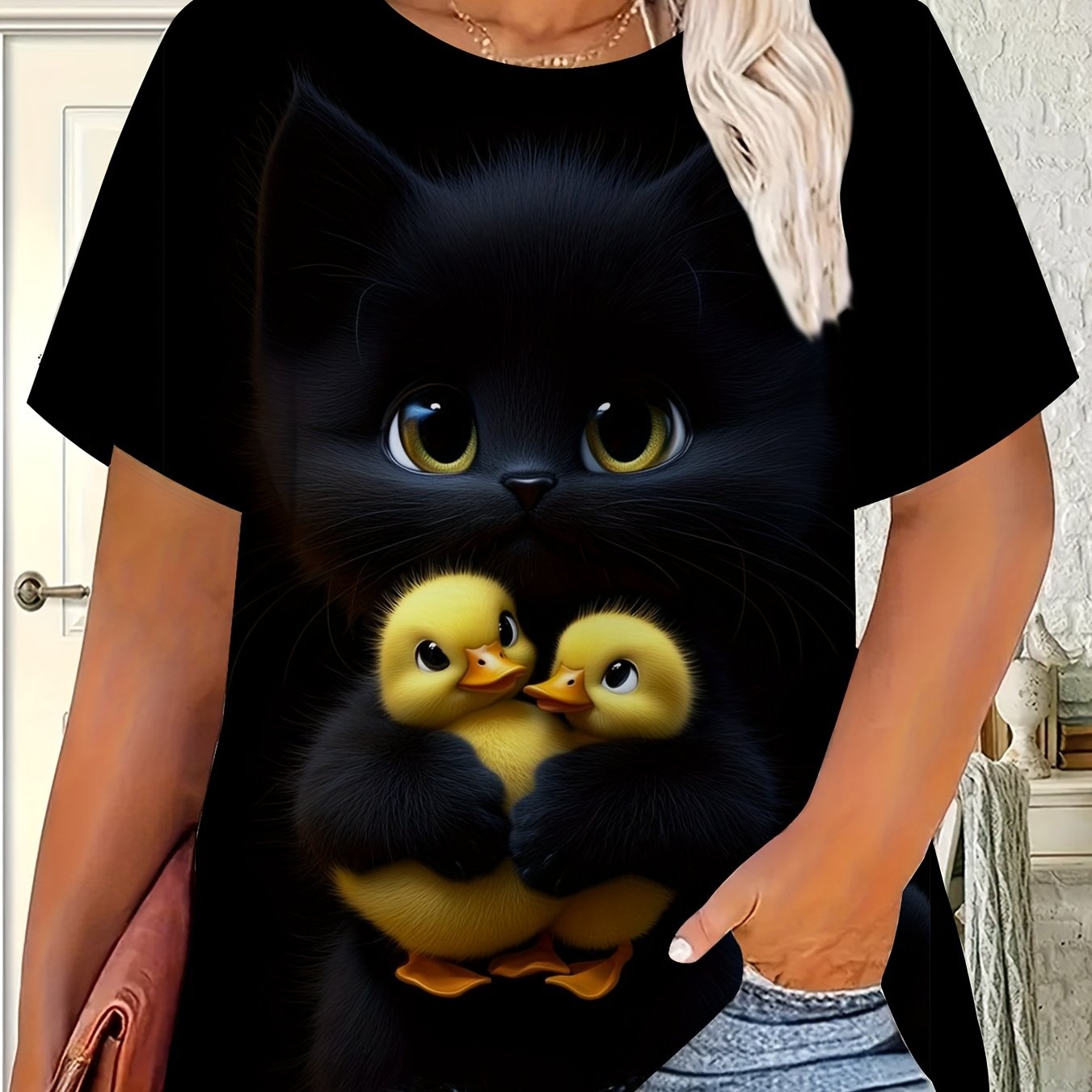 TEMU Women's Plus Size Crew Neck T-shirt, Featuring A Short-sleeve Design With An Artistic Print. The Tee Showcases Illustrations In Black And Yellow