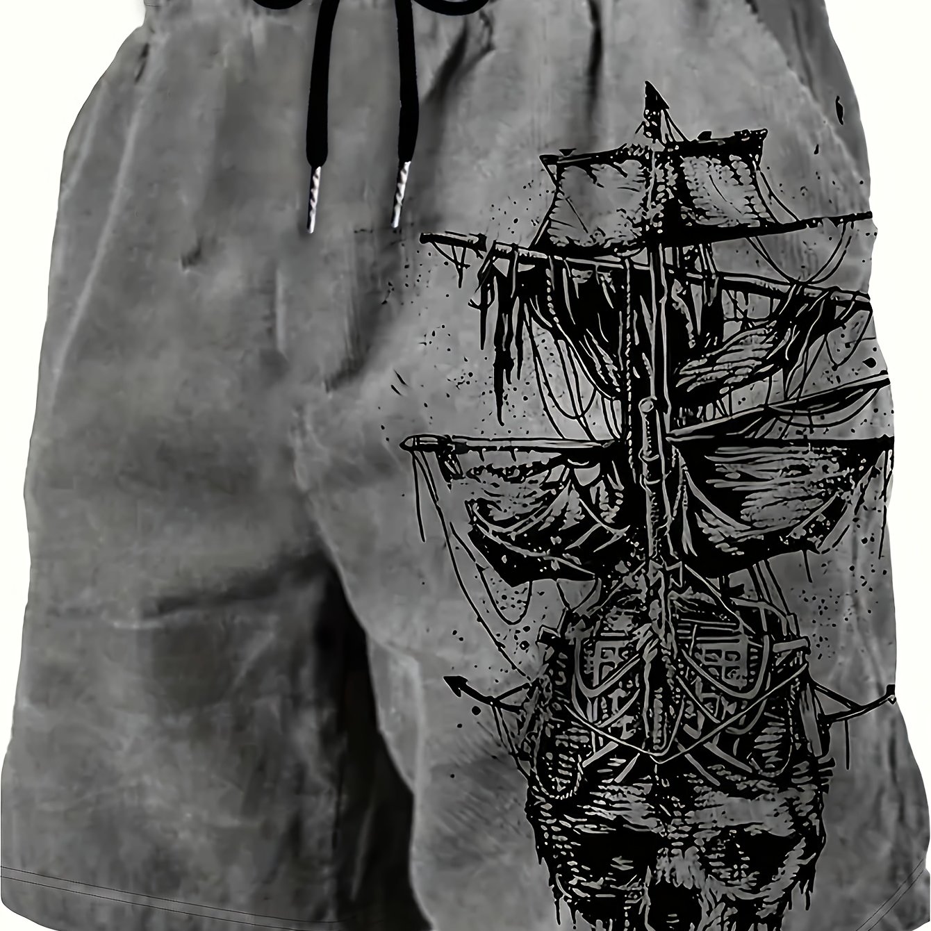 E-shop Herren-Strandshorts mit Totenkopf- & Schiffdruck - Leichte, schnell trocknende Polyester-Badeshorts mit verstellbarem Kordelzug -