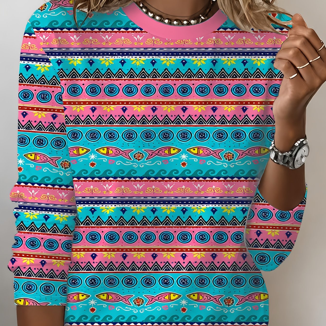 TEMU Plus Size - Women's Casual Long-sleeved T-shirt, Colorful Striped Small Fish Print, Round Neck Versatile, Soft And Comfortable