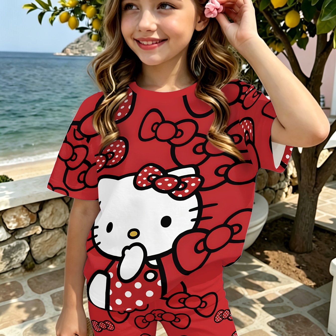 Girls' Fashion Set With Trendy Print Design, Casual Short-sleeve 2pcs Outfit For Teens, Perfect For Summer, Beach, And Vacation, Perfect For Outdoor