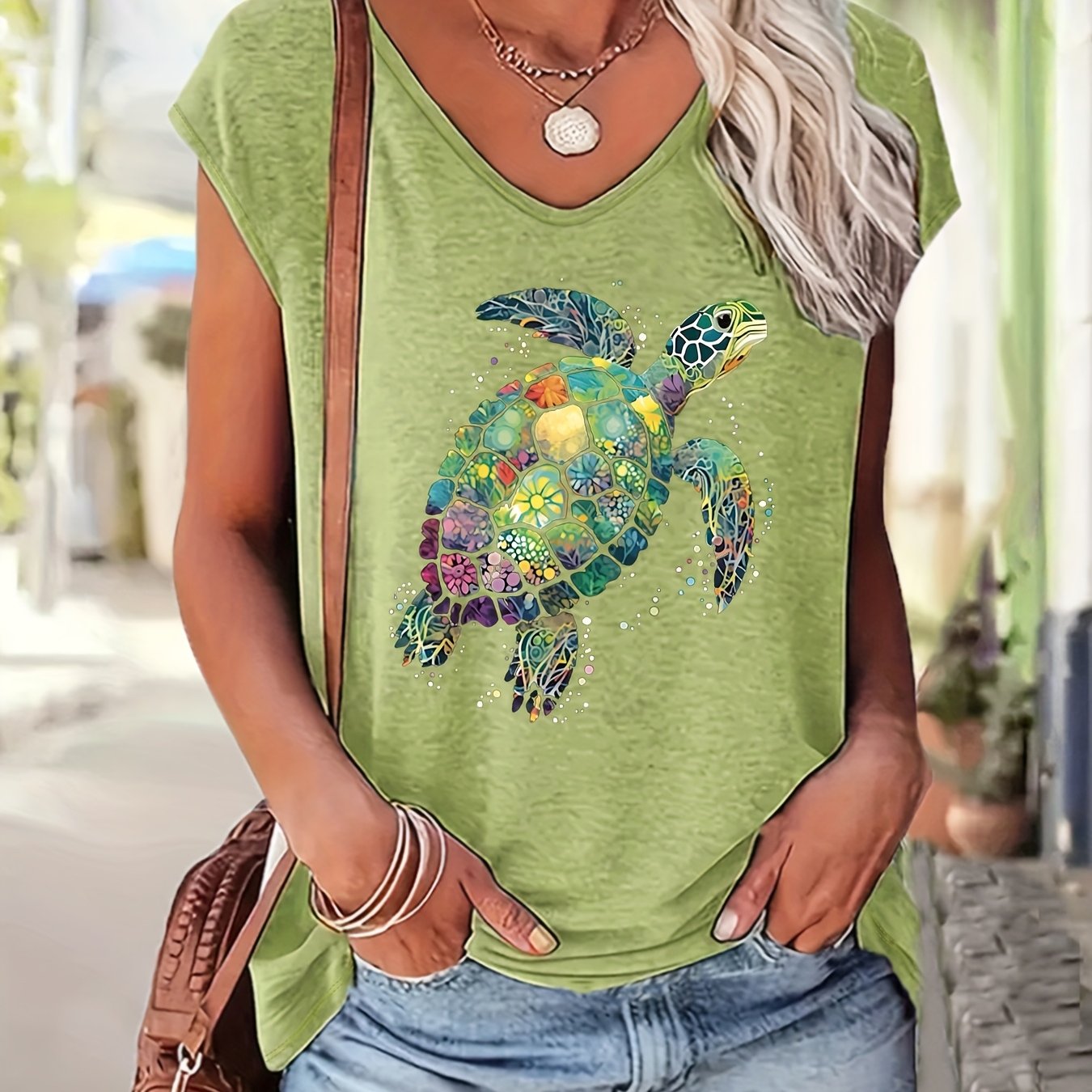 E-shop Plus Size - Plus Size - Plus Size T-Shirt mit Buchstabenprint, Kurzarm V-Ausschnitt Freizeitoberteil für Sommer & Frühling, Damenmode in großen
