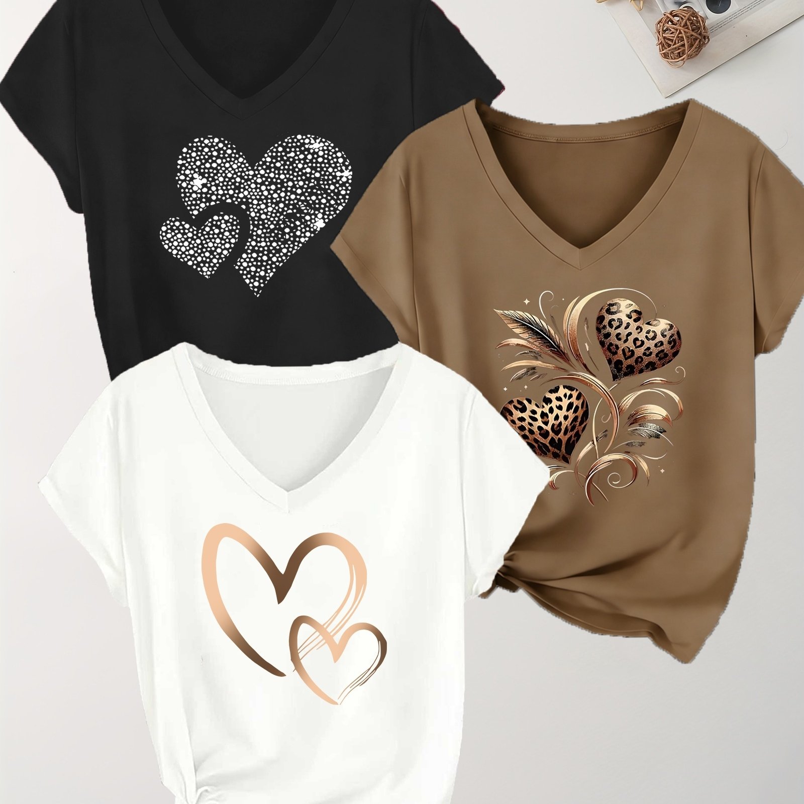 TEMU Juego de 3 camisetas con estampado de de corazones, camisetas casuales de manga corta y cuello en V para /verano de estilo europeo y americano,