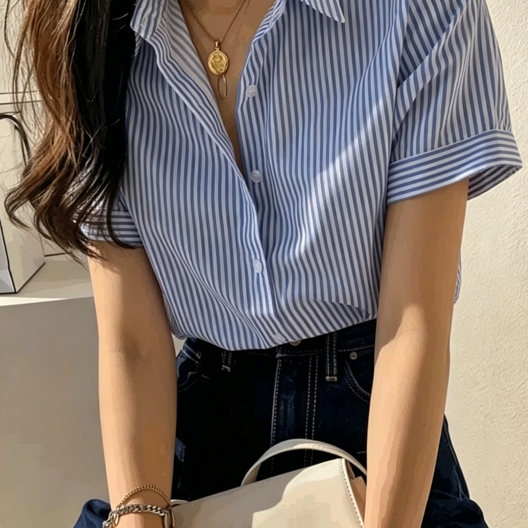 TEMU 여름 신상 프렌치 스타일 이지 블루 앤 화이트 셔츠, 여성용 반팔 루즈핏 다용도 드레이피 탑, 업무복 겉옷 겸용