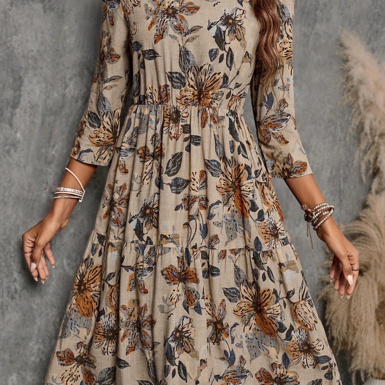 E-shop Herbst Damen Elegantes Blumenmuster Dreiviertelarm Kleid mit halblangen Ärmeln, geeignet für Lehrerinnen, Arbeit, Business Casual Kleid