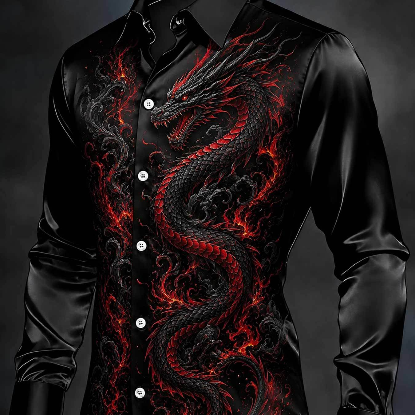 Mens Collared Long Sleeve Shirt Red Dragon Print Edgy Street Style For Party And Casual Wear