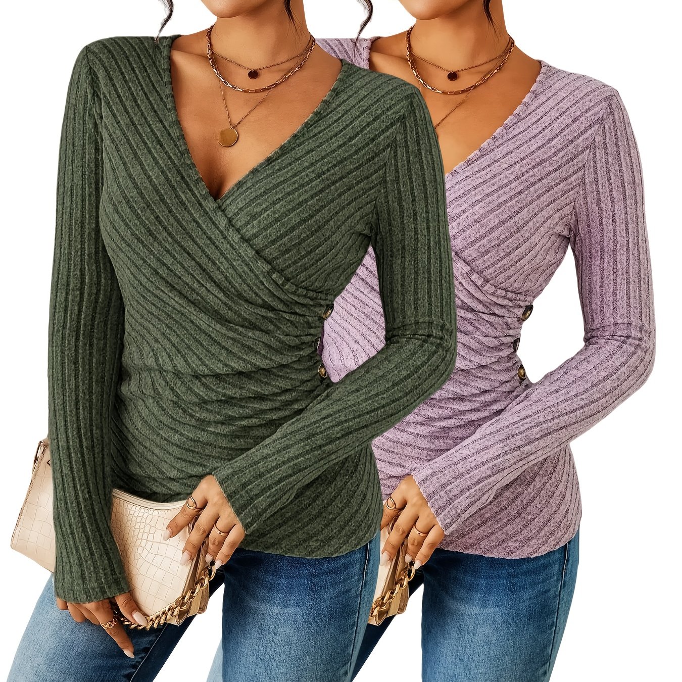 2pcs Women's Spring/autumn Ribbed Brushed V-neck Long-sleeve Solid Color Sweater Set