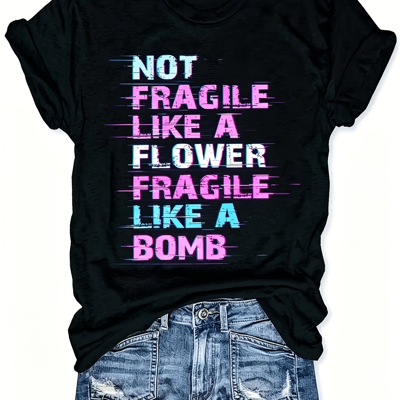 TEMU Women's Black Retro T-shirt With Text ' Like A Flower Fragile Like A Bomb' In Pink & - Round Neck Short Sleeve Casual Top, Machine Washable
