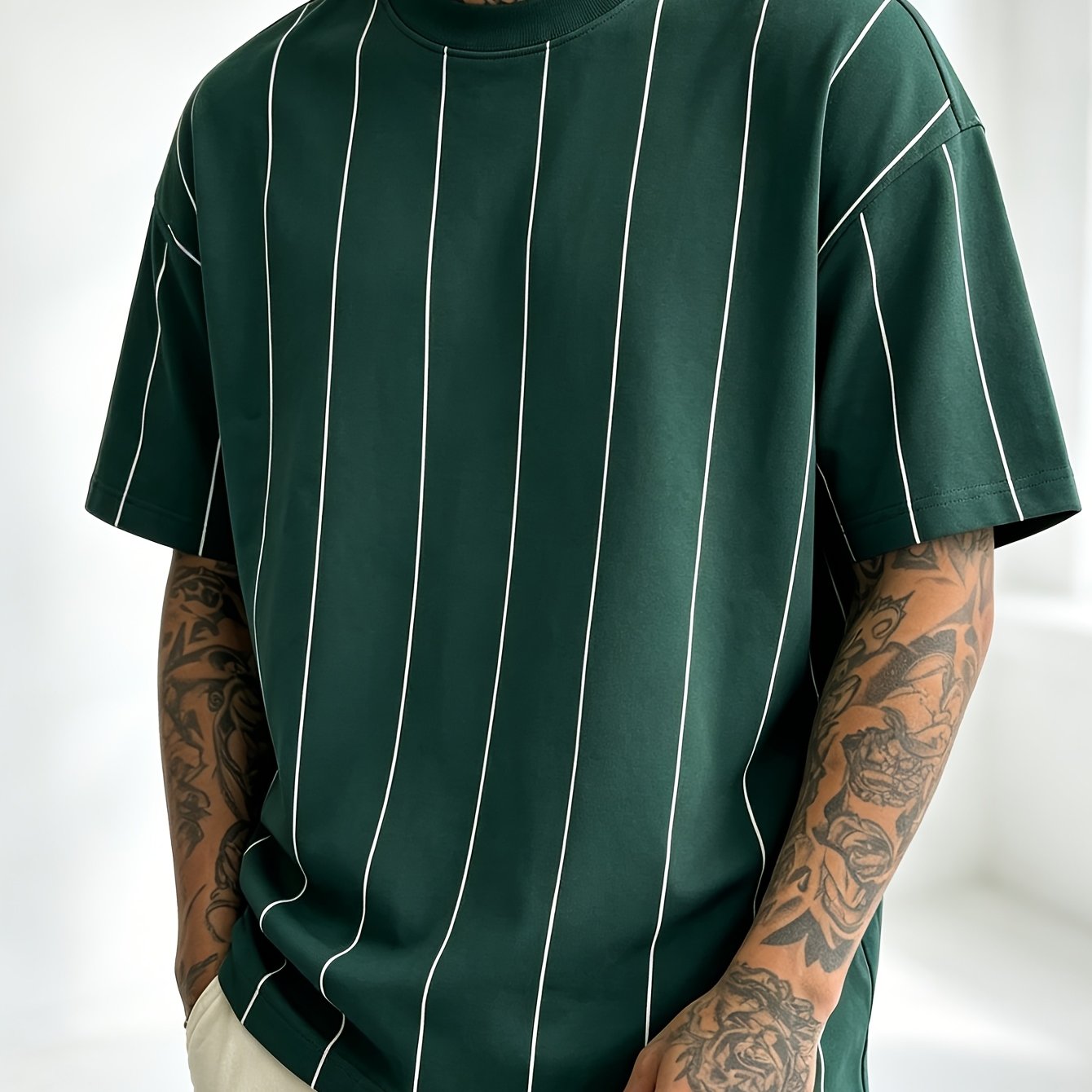 TEMU Black Vertical Stripe Print Crew Neck T-shirt - Minimalist Line Contrast - Comfortable Casual Fit - Summer Korean Style Short Sleeve Top,