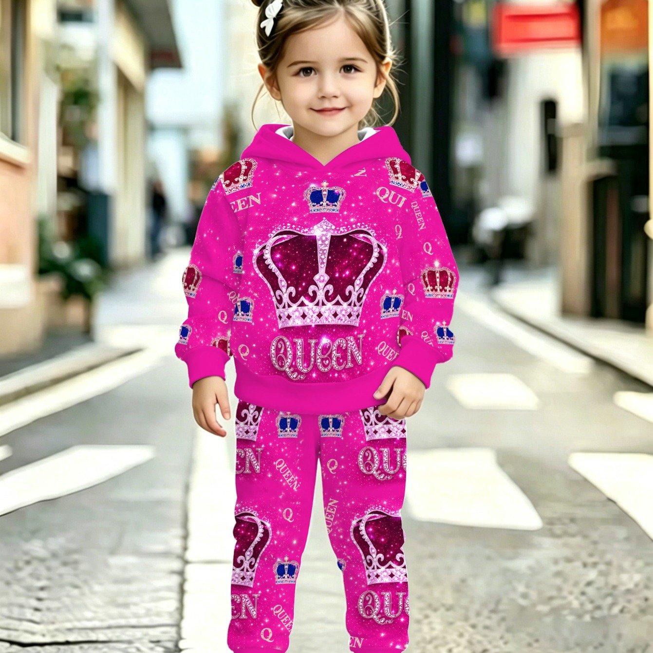 TEMU Girls' Hoodie Tracksuit Crown Print Hooded Two-piece Set For Spring Autumn, Comfortable Fabric, Ideal For Playtime, Outdoor , And Wear