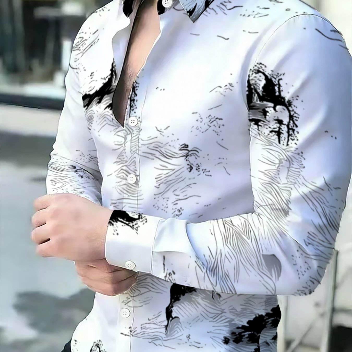 TEMU Men's Casual Long Sleeve Shirt | Geometric Pattern, Lapel Collar, Button Details, Non-stretch Fabric, Regular Fit