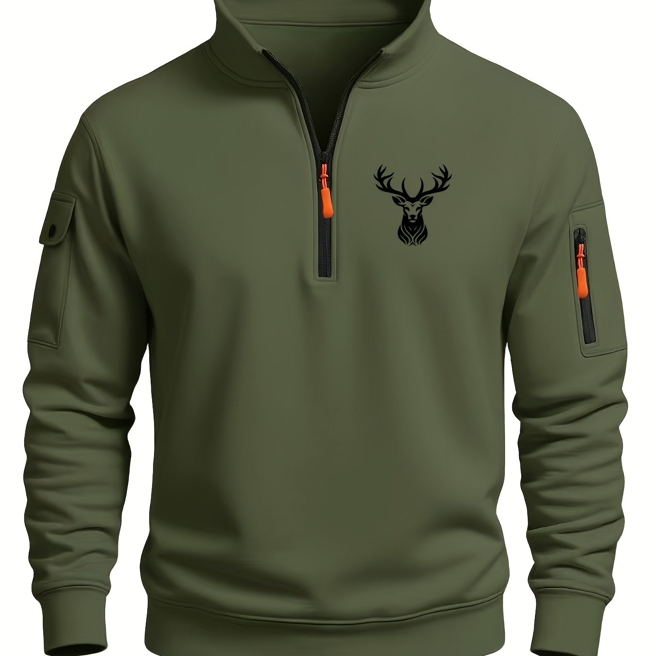 TEMU 2026 New Outdoor Casual Men's Half-zip Stand Collar Long Sleeve Pullover Sweater, Deer Head Pattern Print With Double Pockets, Autumn Winter