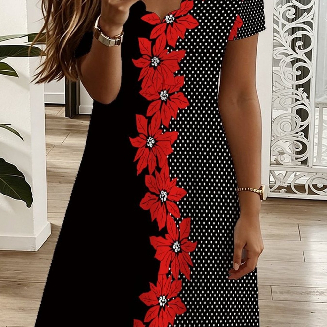 Plus Size, Summer -neck Short Sleeve Dress, All Over Geometric , Elegant Women Dress For Vacation Casual Party