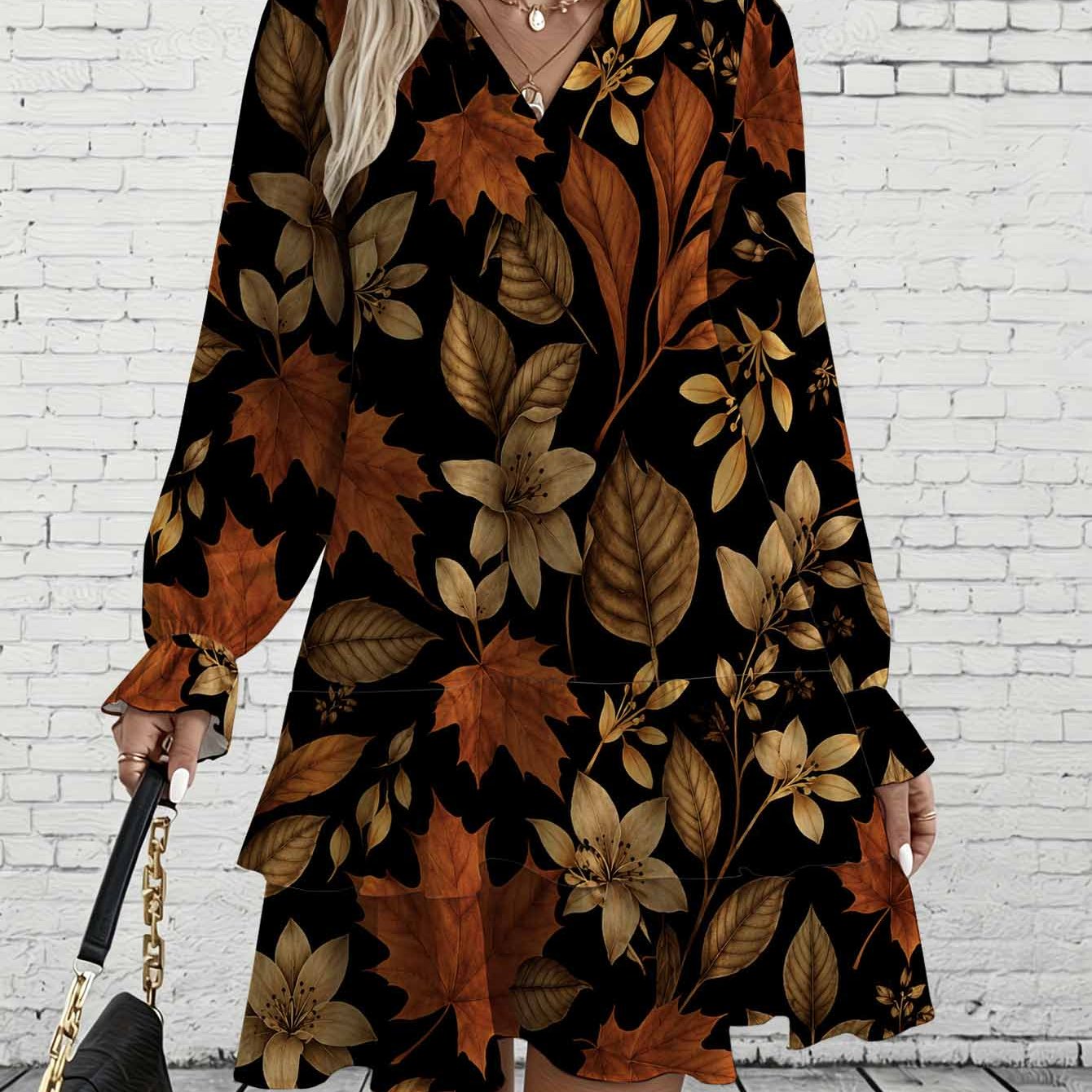 Image of Plus Size, Curvy Plussize Maple Print Longsleeved Dress. Doublelayered Cake Skirt. Elegant Bohemian Loose And Flowy Autumn Casual Festive Holiday Party Evening Dress.