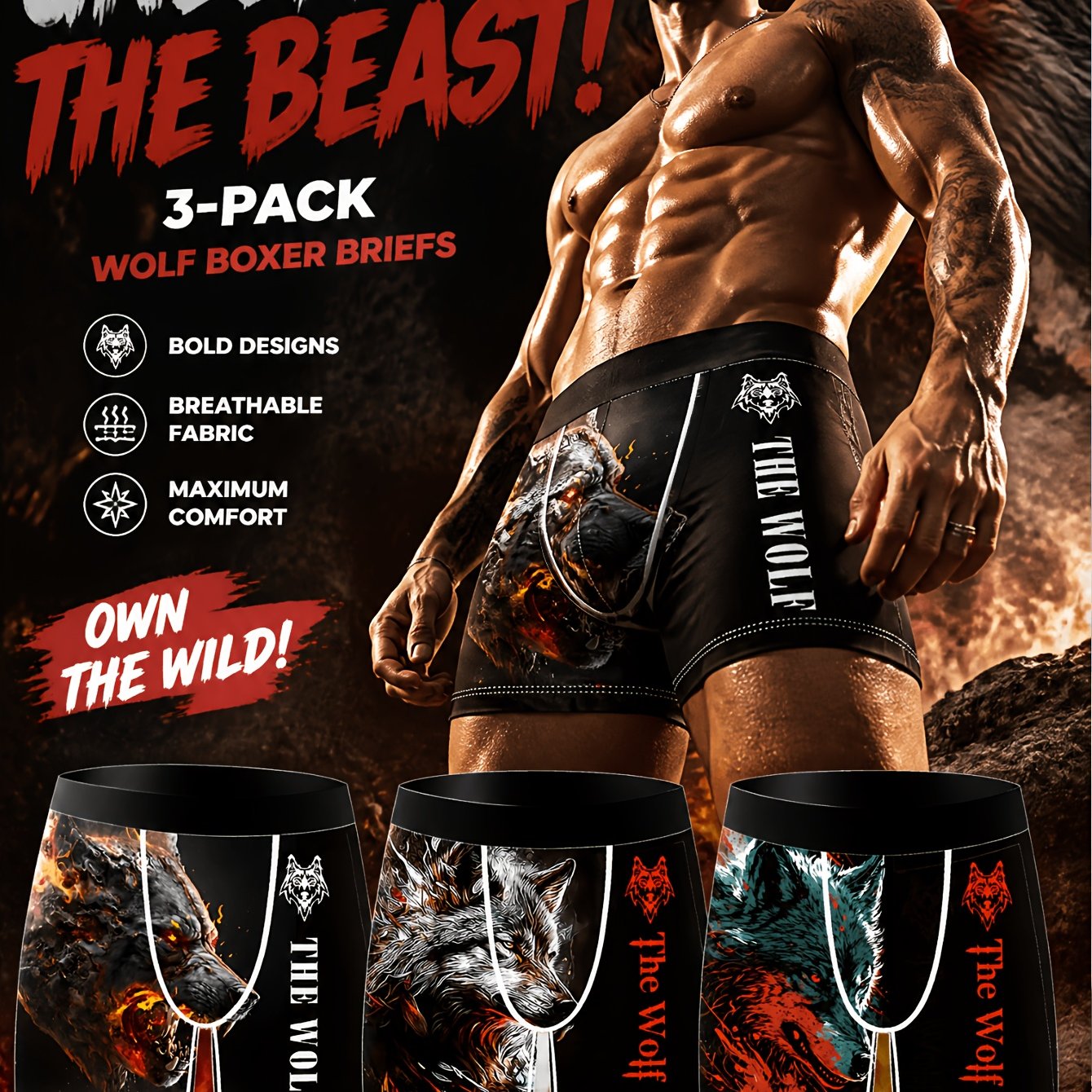 Image of 3pcs Wolf Cartoon Men's Underwear, Knitted Stretch Fashion Underwear, Comfortable And Breathable Men's Underwear