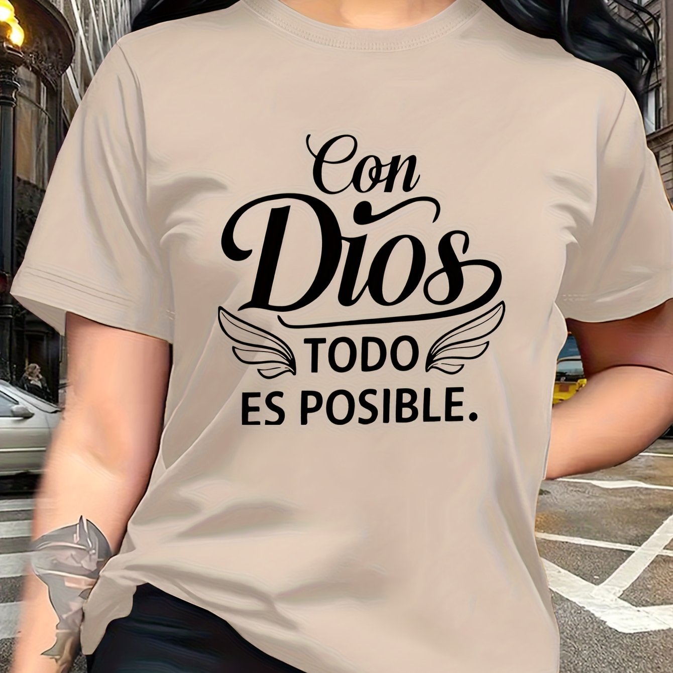 TEMU Camiseta clásica de inspiración religiosa con la en español "Con ", estampado de en un estilo moderno y de moda. Esta camiseta de manga corta