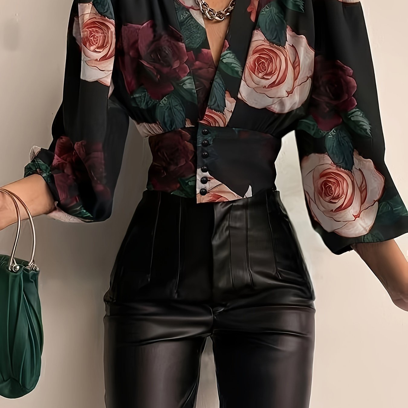 TEMU Floral Print Plunge Neck Blouse, Elegant Button Slim Waist Long Sleeve Blouse, Women's Clothing