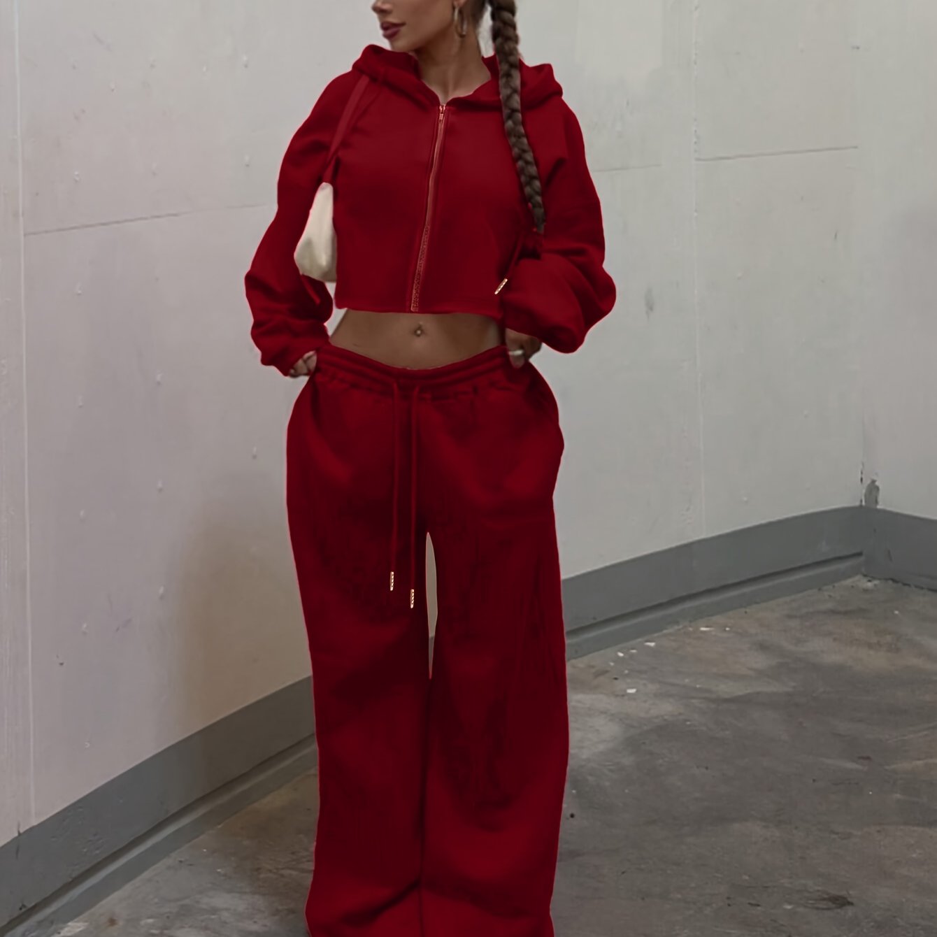 Image of Women' Color Hooded Sweatshirt And Wide-leg Pants Suit | Kangaroo Pocket Long-sleeve Jacket Wide-leg Pants Suit | Zipper Hoodie Suit | Casual Sports Loose Suit | Autumn And Winter Jacket Suit