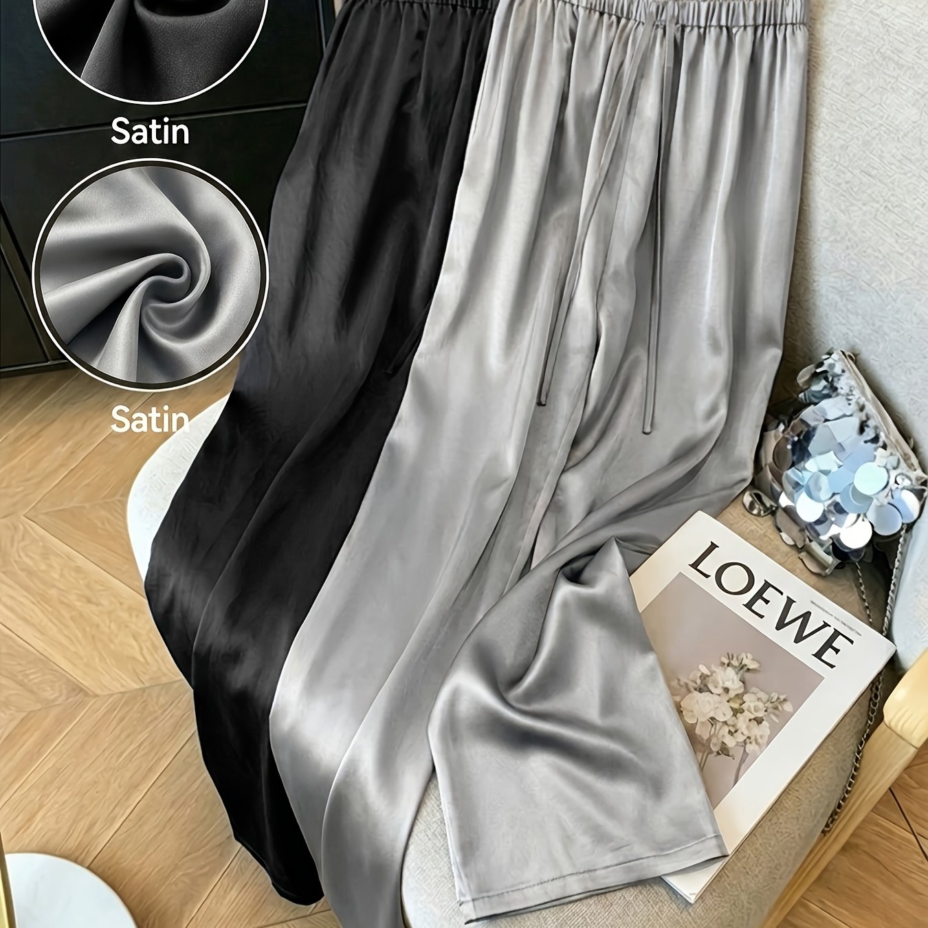 TEMU Women's Acetate Fiber Satin Textured Loose Comfortable Casual Wide-leg Pants, 2pcs Set