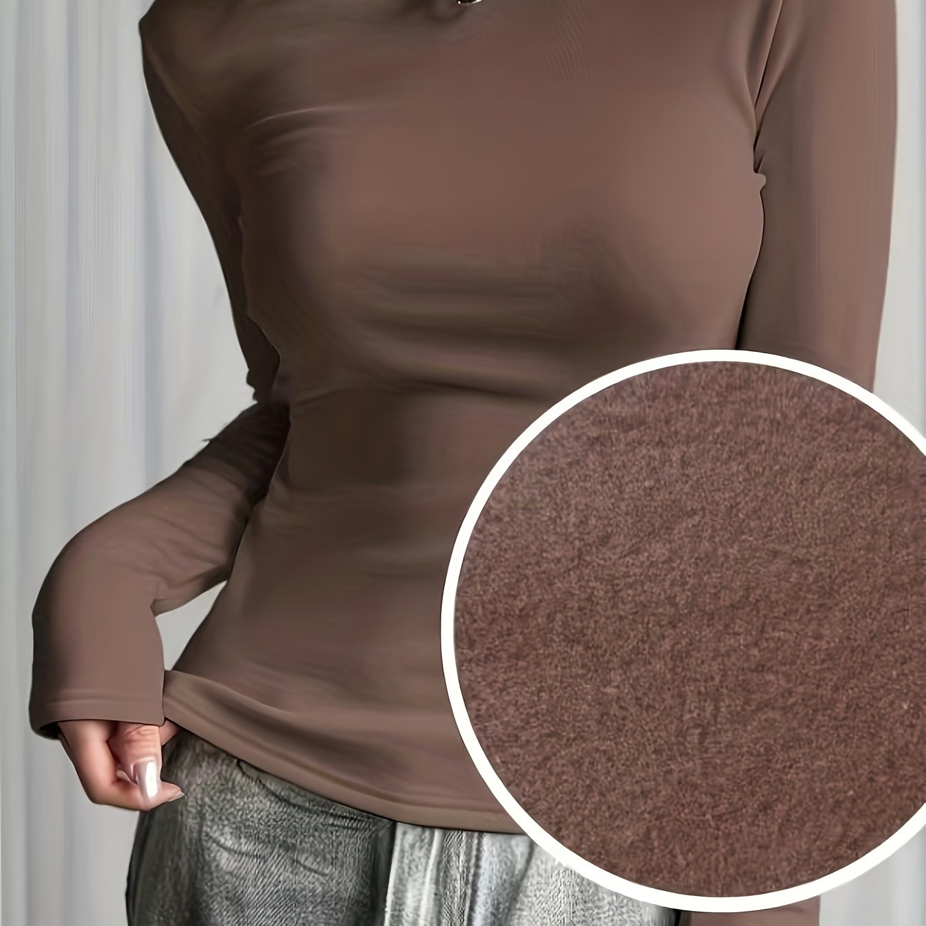 TEMU Lined Base Layer Shirt, Autumn And Winter Women's Top, Warm Slim-fit Long Sleeve T-shirt