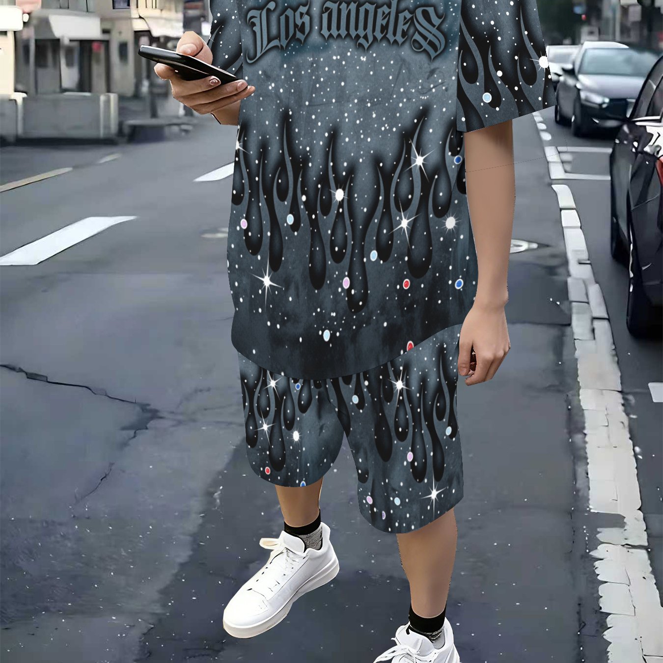 TEMU Set di pantaloncini per ragazzi, con elegante e a fiamma e motivo a lettere, set pezzi composto da una maglietta a maniche corte e pantaloncini