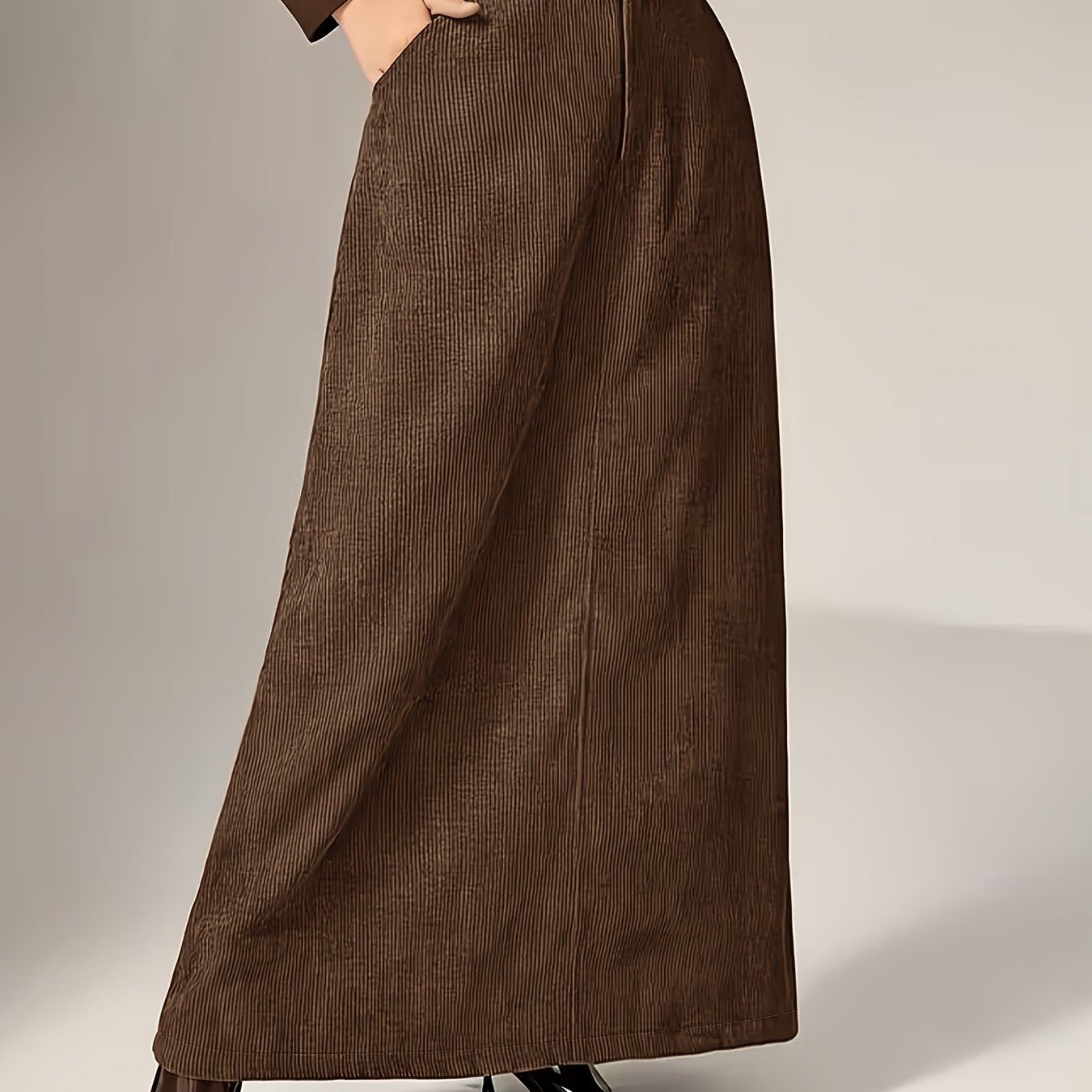 TEMU Jupe Élégante Grande Taille pour Femmes avec Taille Élastique en Demi-Cercle et Poches - Demi-Jupe en Velours Uni, pour /Automne, Tenue