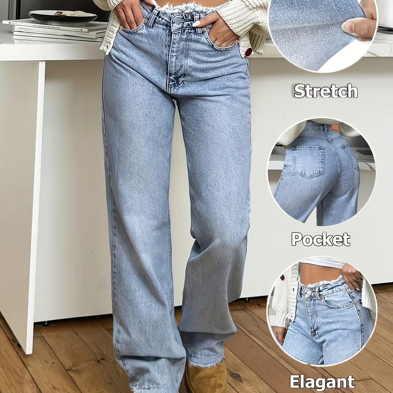 TEMU 1pc Elastic Straight-leg A-line Slim Fit, Casual And Stylish, Flattering For Women, Single Color, Washed Denim Jeans