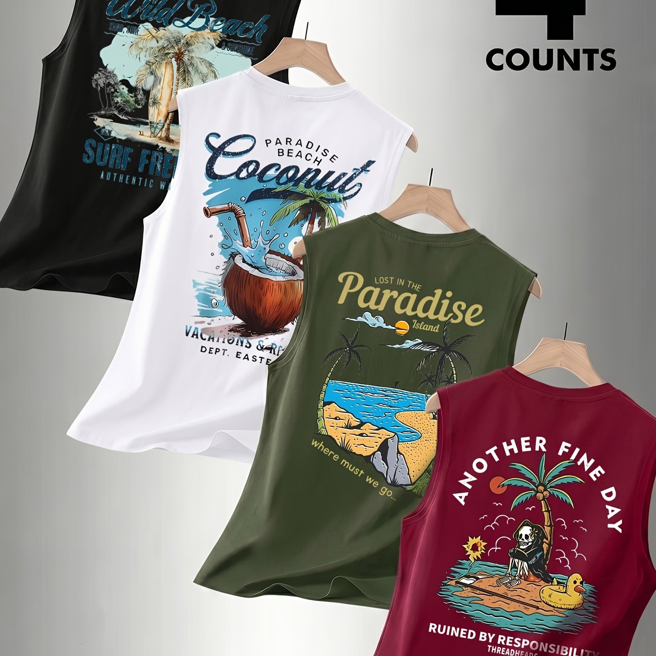 TEMU Printed Design - Not Textured Men's 4pcs Tropical Beach Print Sleeveless Tank Tops, " & Paradise Coconut" Sleeveless T-shirts, Casual Tops,
