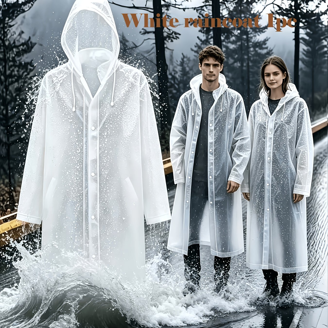 TEMU White Transparent Long Raincoat With Hood, Unisex, Eva Material, Lightweight And Reusable, Suitable For Camping, Hiking, Outdoor Activities, And