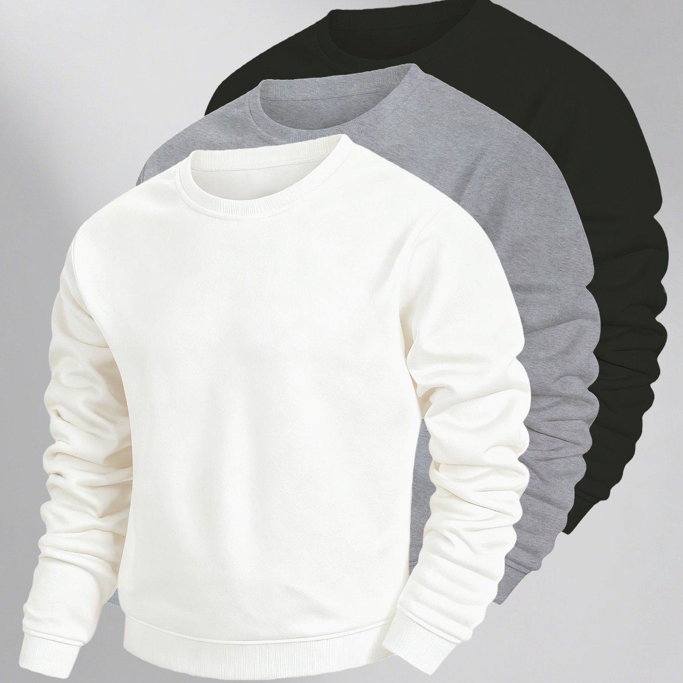 Image of Men's Fashion Solid Color Crew Neck Sweatshirt 3pcs, Autumn Winter Long Sleeve Sweatshirt, Home Casual, Outdoor Sports, Men's Gift, Christmas Gift, Loose Fit